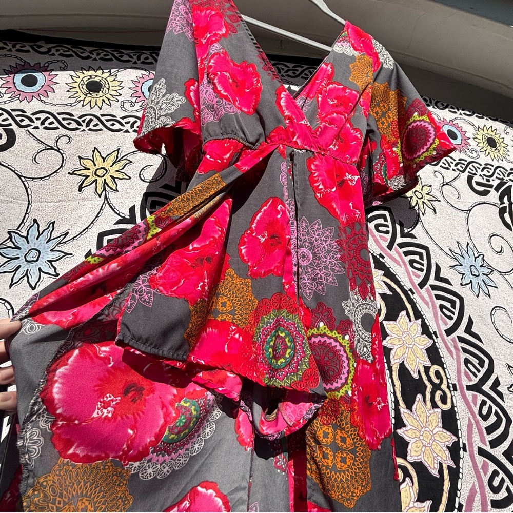True Destiny Floral Kimono Dress Under Short Cape Skirt w/ Tie Waist Size Medium - Picture 10 of 16